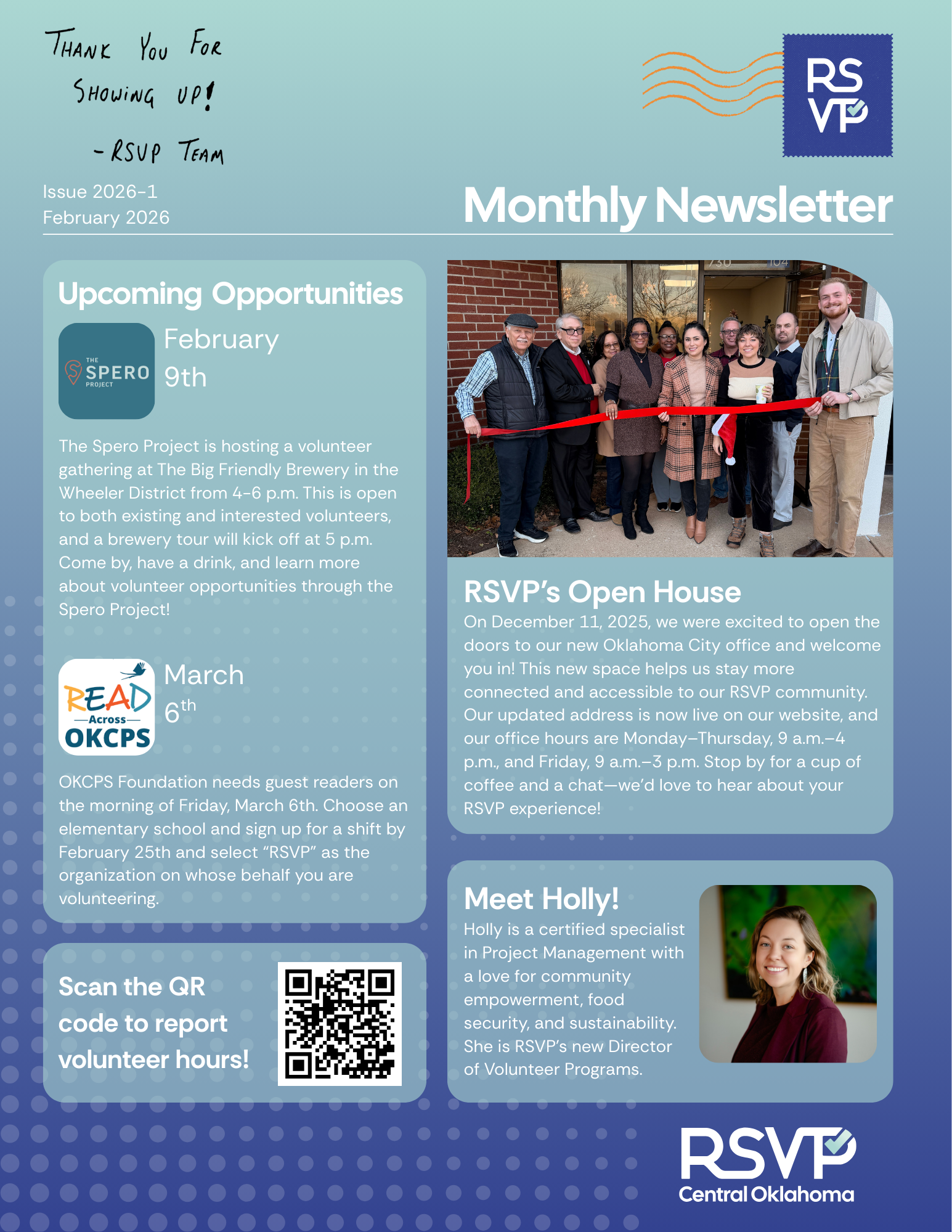 Front page of newsletter with a story about volunteer Nancy who serves at Centenarians of OK and other nonprofits
